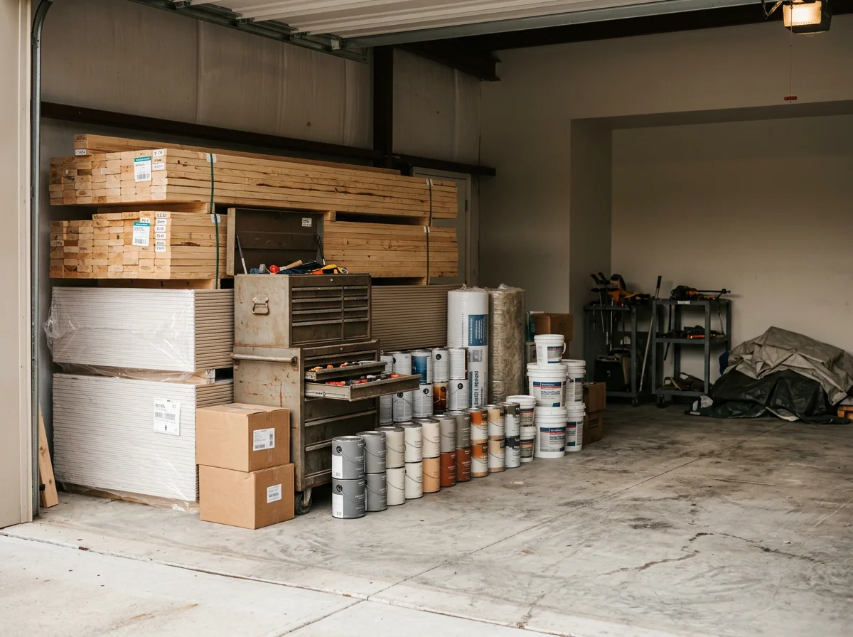 Construction tools and materials on a work site, ready for residential remodeling projects.