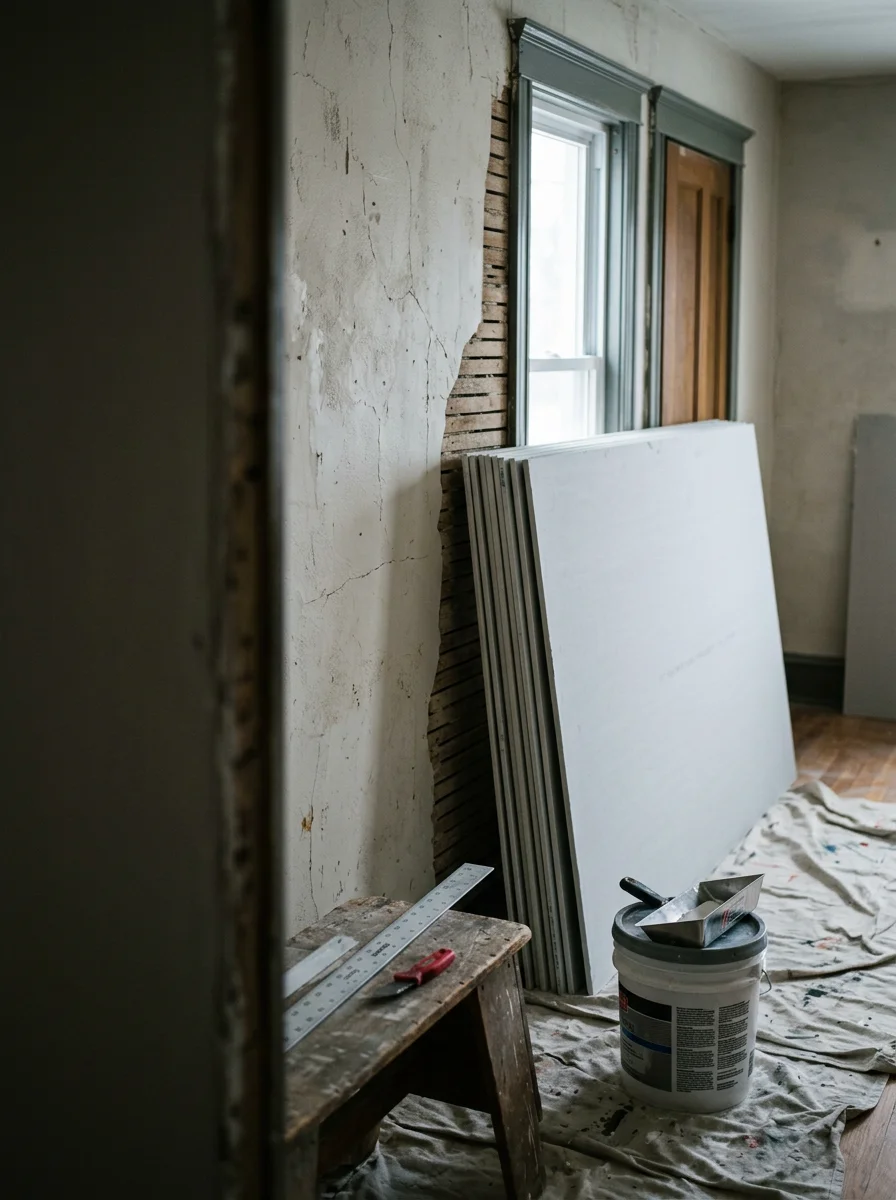 Interior drywall finishing in progress in a Beech Grove home, showing new drywall installed alongside original plaster walls in a 1930s-era room.