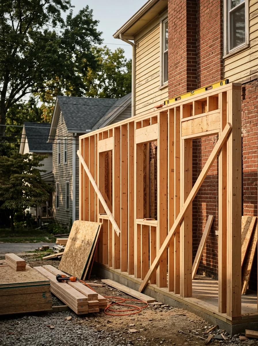 Home addition framing in progress on an east-side Bloomington Indiana property, showing new wall framing and window openings being tied into the existing structure.