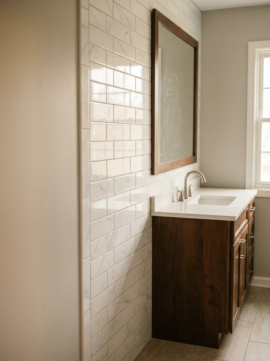 Completed bathroom remodel in a Fishers home showing new tile, vanity, and moisture-resistant drywall replacing original 1990s builder finishes.