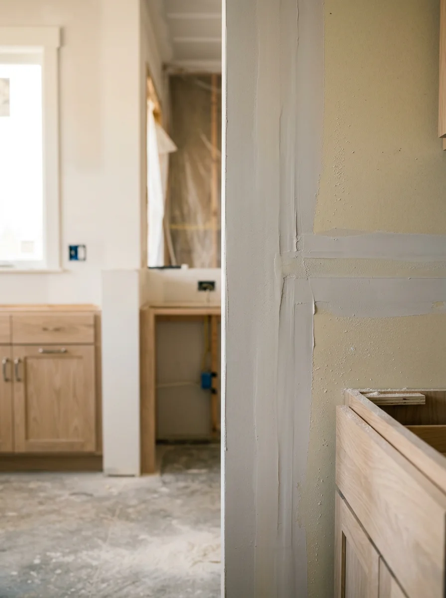 Close-up of freshly finished drywall in an Indianapolis home kitchen remodel, showing smooth joint compound work ready for paint.