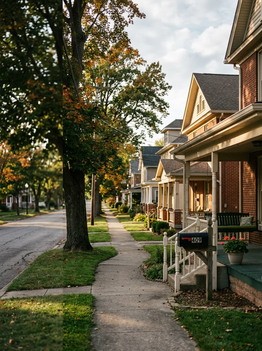 Residential street in Martinsville with older homes featuring front porches and mature trees