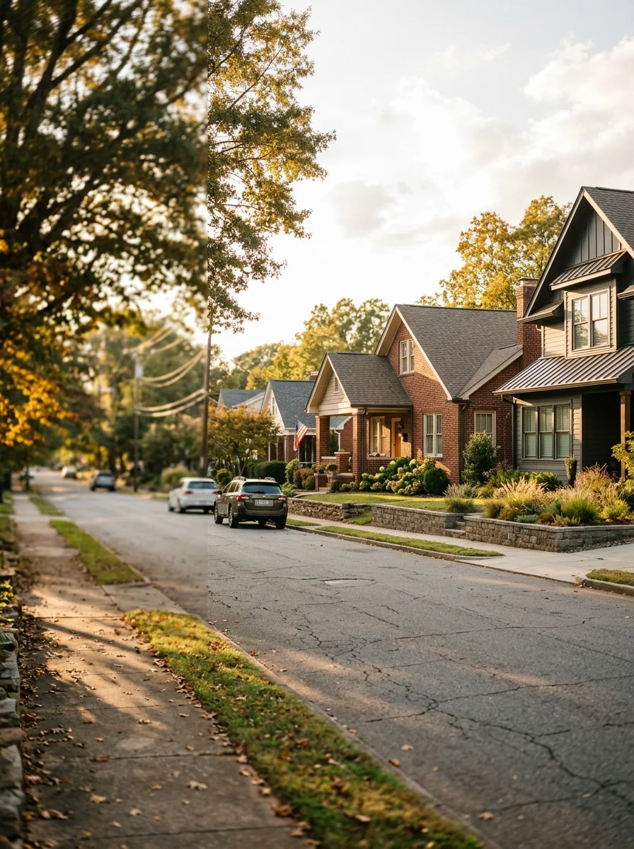 Residential street in Mooresville showing mix of 1920s bungalows and contemporary homes on smaller city lots