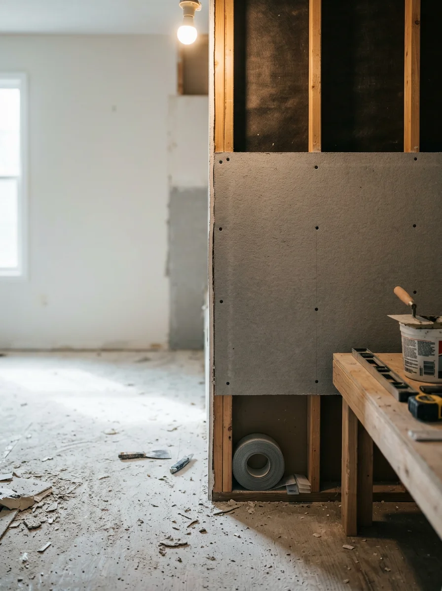Bathroom remodel in progress in a Noblesville home, showing cement board substrate installation replacing original drywall behind tile.