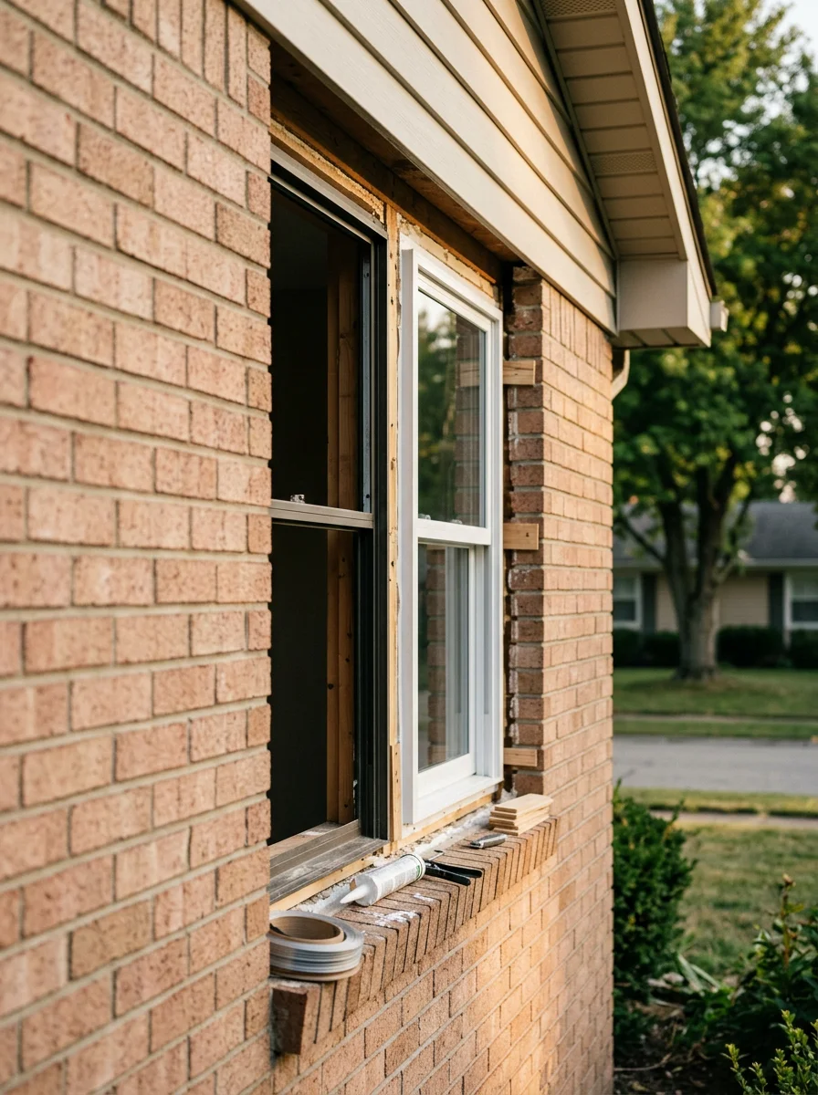 New window installation in progress on a 1970s Plainfield Indiana ranch home, showing a vinyl replacement unit being set into the original aluminum-frame rough opening.