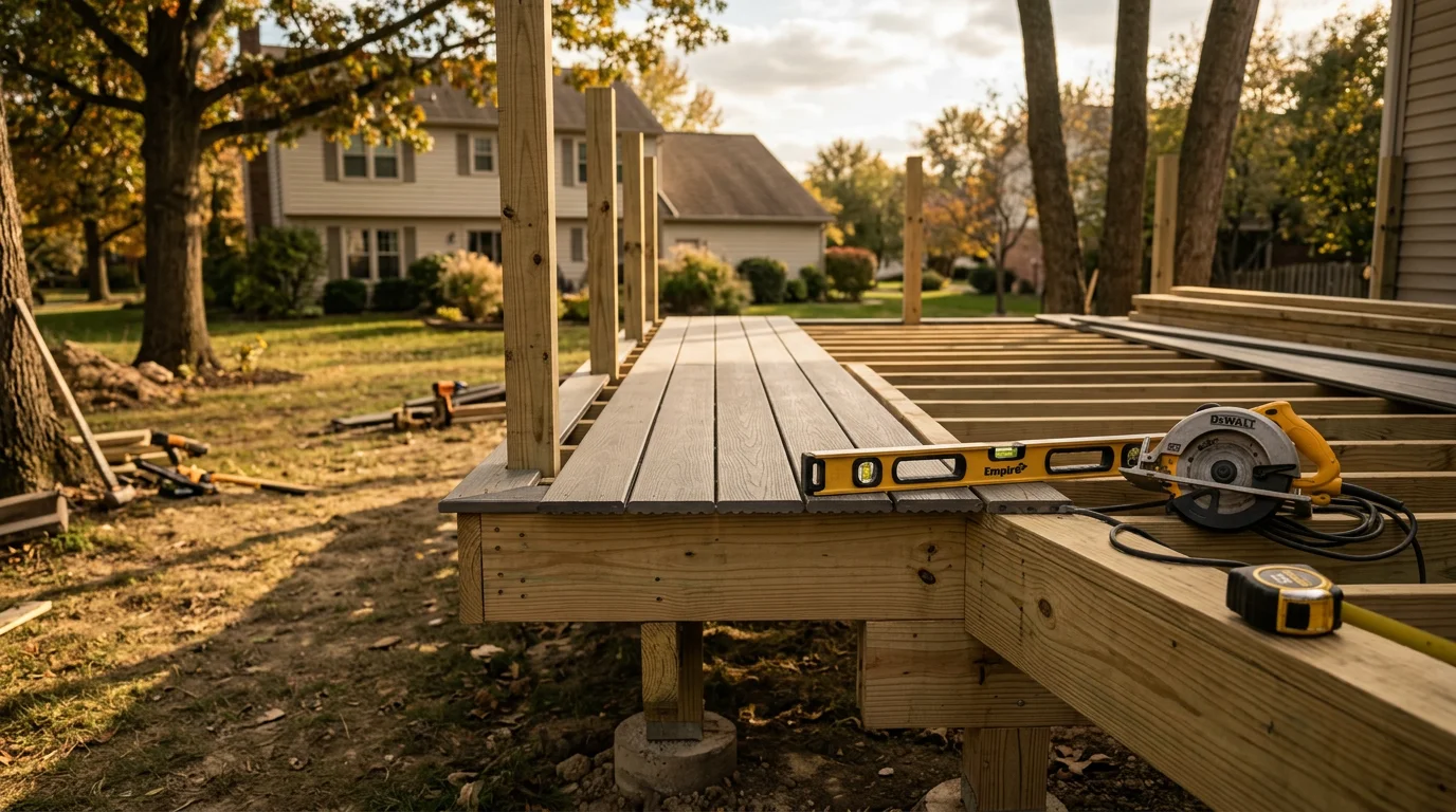 A newly installed wood deck attached to the back of a residential home in Indianapolis, Indiana, featuring stairs and guardrails. The deck overlooks a grassy backyard typical of Central Indiana neighborhoods.