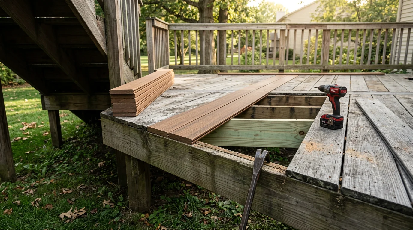 A repaired residential deck in Indianapolis, Indiana, showing replaced boards and reinforced railings on a backyard outdoor space. Close-up view of new decking boards flush with existing structure after professional deck repair work.