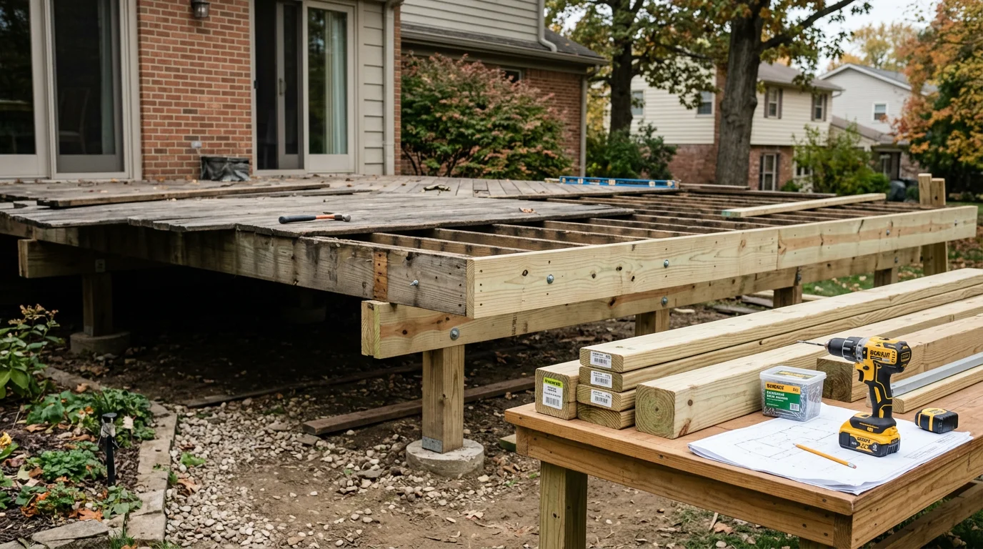 A newly completed deck replacement on a residential home in Indianapolis, Indiana, showing fresh framing, new decking boards, and rebuilt railings. The surrounding yard reflects a typical Central Indiana suburban property after a full tear-out and rebuild.