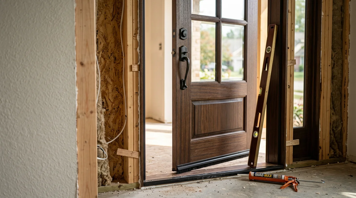 A newly installed exterior entry door on a residential home in Indianapolis, Indiana, with a properly fitted frame and clean threshold seal. The door is shown flush and level against the exterior wall of a single-family home.