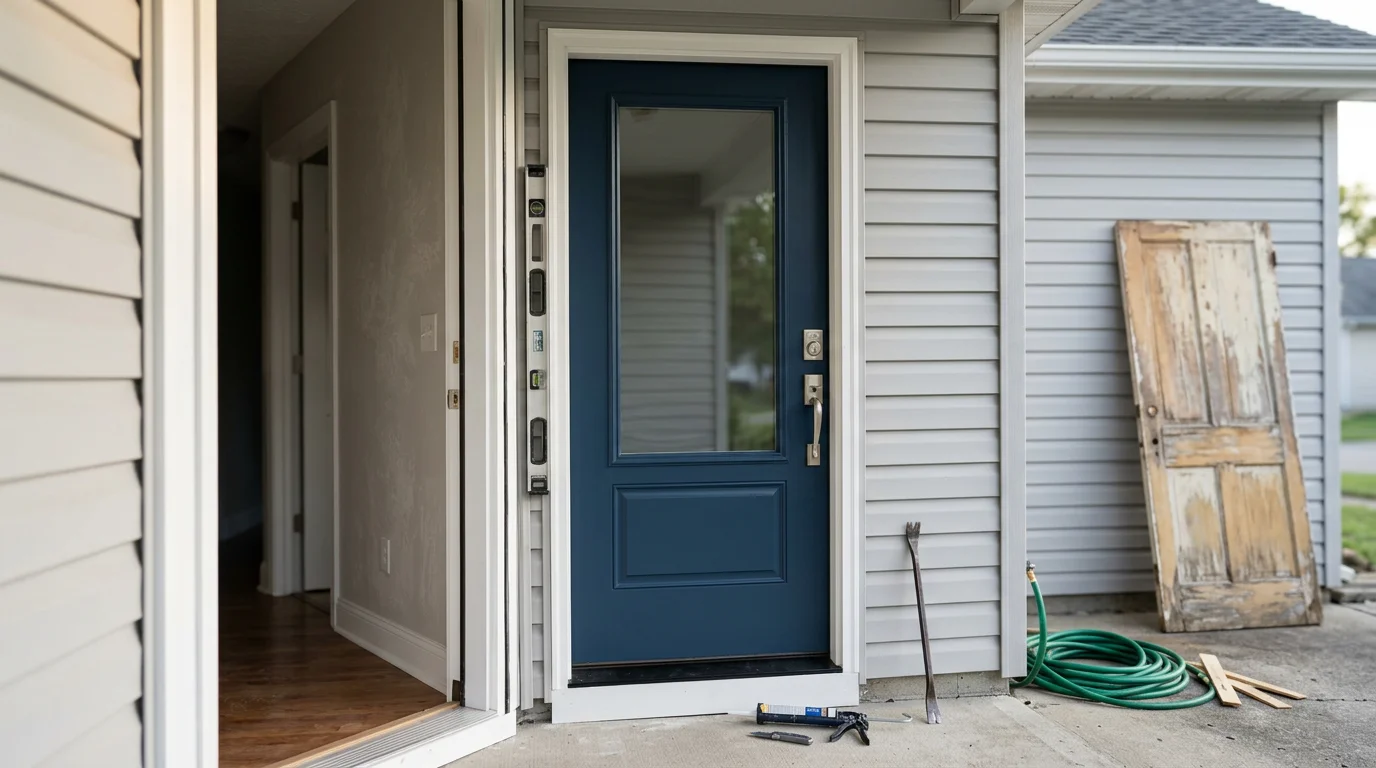 A newly installed exterior entry door on a residential home in Indianapolis, Indiana, with a clean frame and tight weatherstripping. The door sits flush and level against the exterior wall of a typical Central Indiana single-family home.