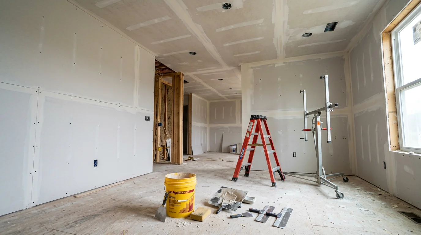 A contractor hanging large drywall panels on the interior wall framing of a residential home in Indianapolis, Indiana. The panels are flush against the studs with fasteners placed along each framing member.