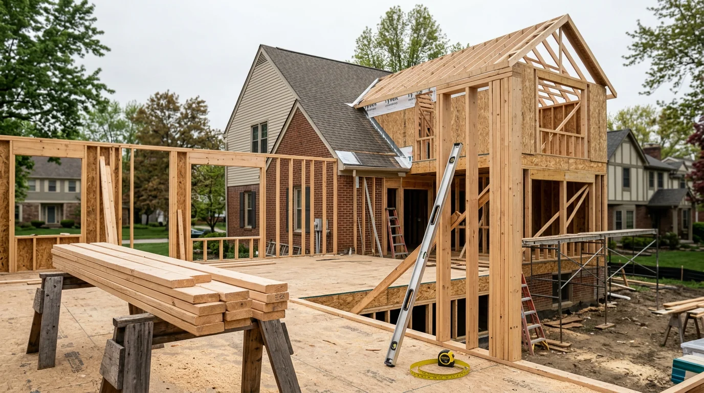 A finished home addition on a single-story Indianapolis-area house, showing a new room with exterior siding and roofline matched to the original structure. The addition extends from the rear of the home and blends with the existing architecture.