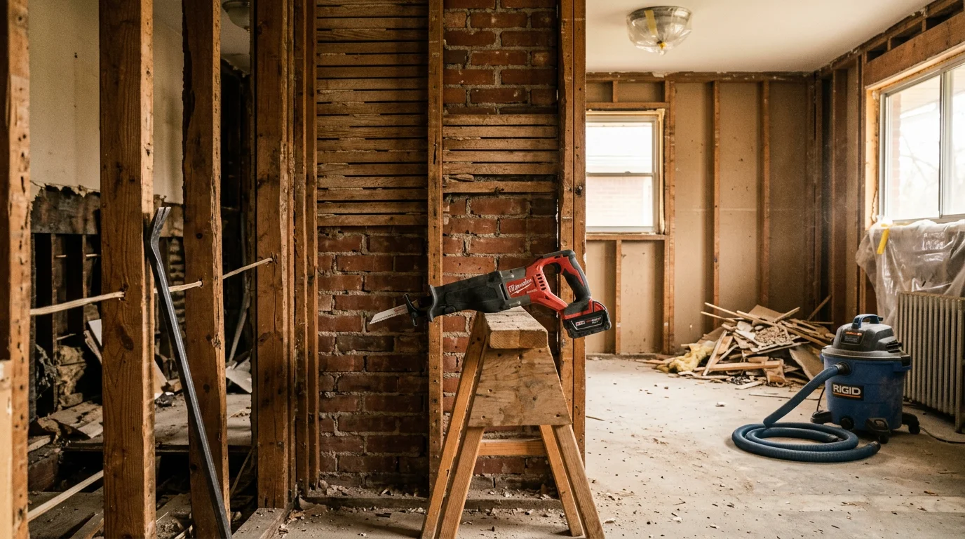 Interior of a central Indiana home mid-demolition, with drywall and flooring removed down to the studs and joists. A cleared residential room in the Indianapolis area ready for renovation work to begin.