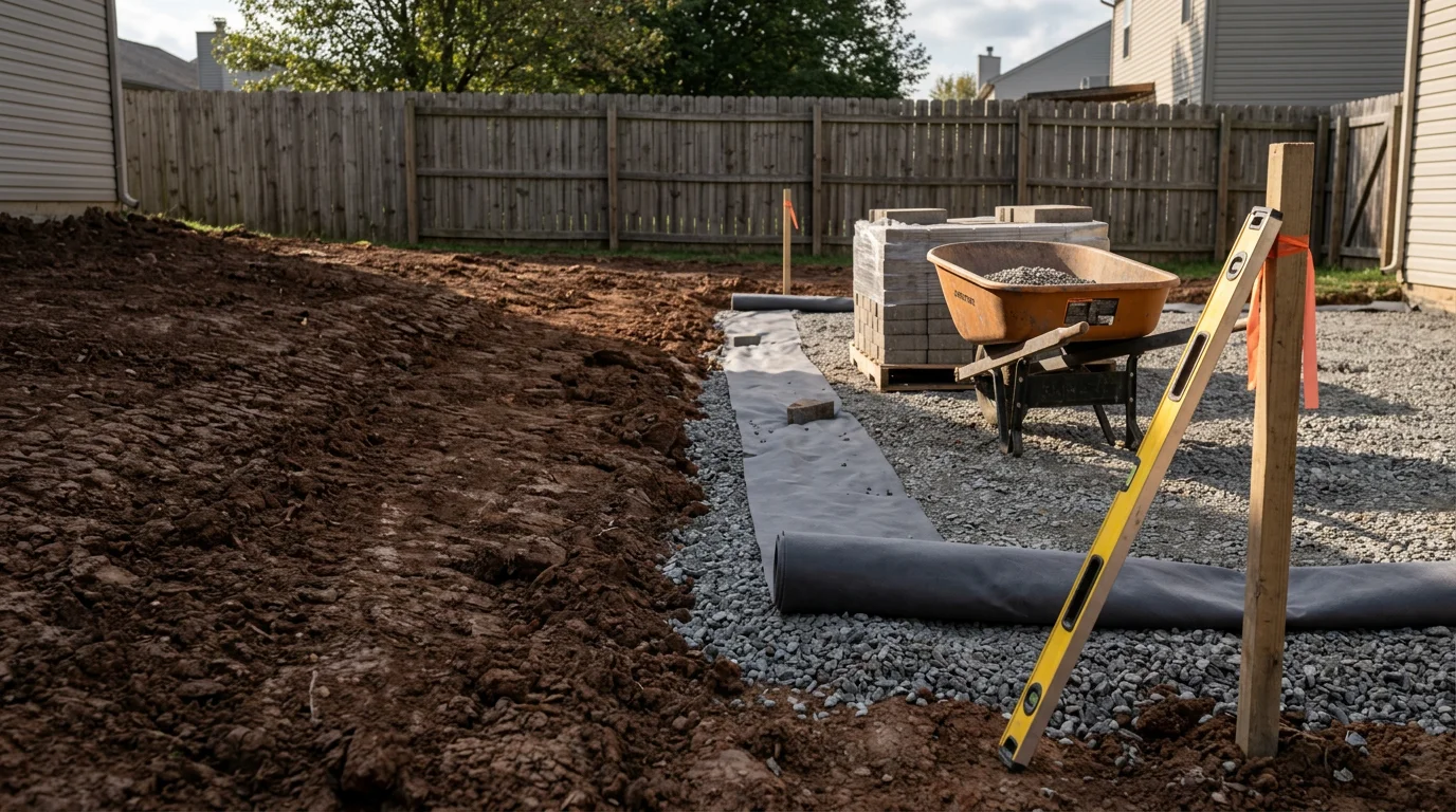 A finished backyard patio installed by BEW Construction Inc in the Indianapolis area, showing a flat, clean surface with a graded edge and a residential home in the background. The patio is sized for outdoor seating and reflects Indiana's practical, four-season outdoor living style.