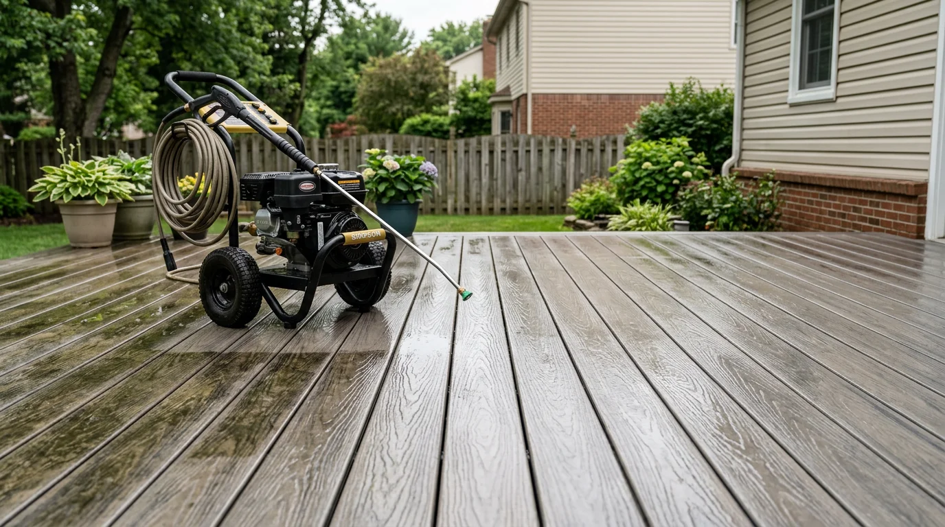 A pressure washer cleaning a weathered wood deck at a residential home in Indianapolis, Indiana, removing dark algae stains and gray discoloration from the deck boards. The cleaned section of the deck shows a sharp contrast against the uncleaned surface still covered in seasonal buildup.