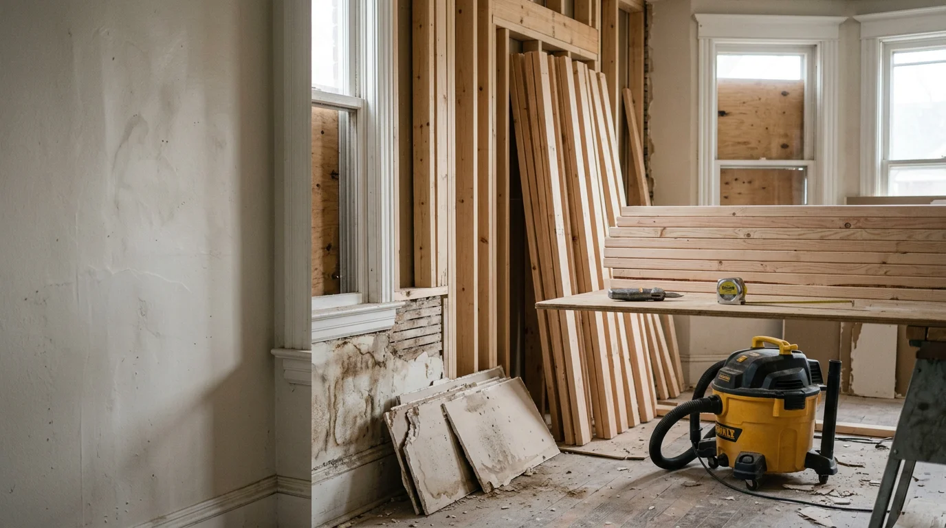 A rehabilitated single-family home in Indianapolis showing repaired exterior siding, restored framing, and finished interior walls after full residential rehabilitation work. The property reflects the older residential building stock common across Indianapolis and surrounding Indiana communities.
