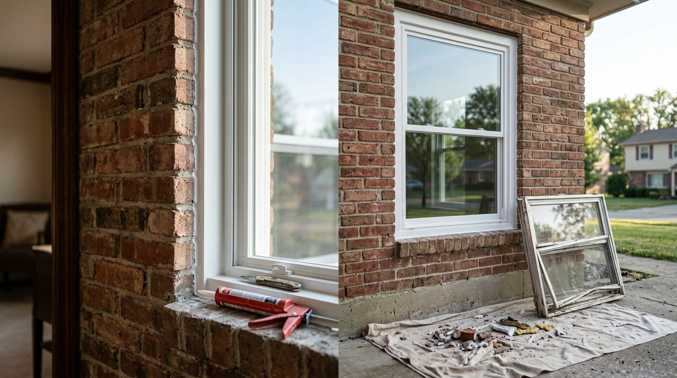 A freshly replaced window installed on a residential home in Indianapolis, Indiana, with clean framing and clear glass visible from the exterior. The surrounding siding and trim show a properly finished installation typical of Central Indiana housing stock.